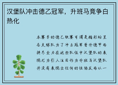 汉堡队冲击德乙冠军，升班马竞争白热化