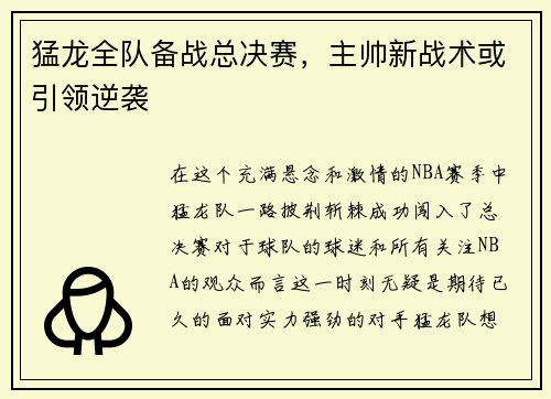 猛龙全队备战总决赛，主帅新战术或引领逆袭
