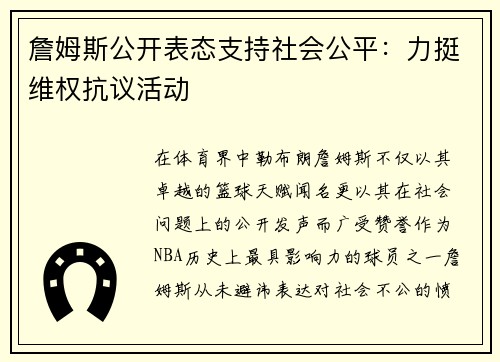 詹姆斯公开表态支持社会公平：力挺维权抗议活动