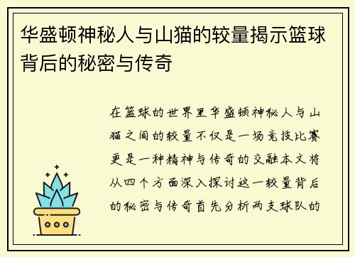 华盛顿神秘人与山猫的较量揭示篮球背后的秘密与传奇